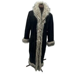 Paradox Black Leather Long Coat Faux Fur Trim Women’s Size 12 Full Length